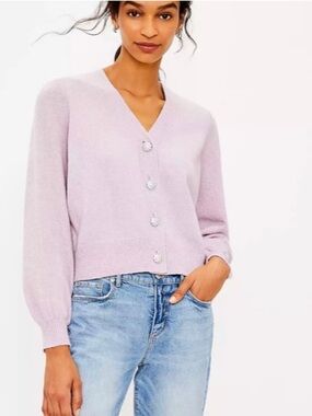 Ann Taylor LOFT Lavender Lilac Jewel Rhinestone Button Puff Sleeve Cardigan